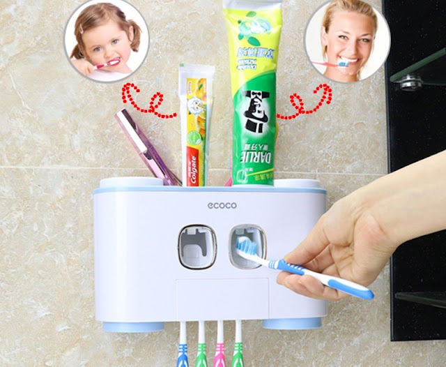 Bộ Kệ Nhả Kem Đánh Răng Tự Động Thông Minh ECOCO 4 Cốc Dính Tường 16 ke dung ban chai da nang tien dung cho nha tam 3