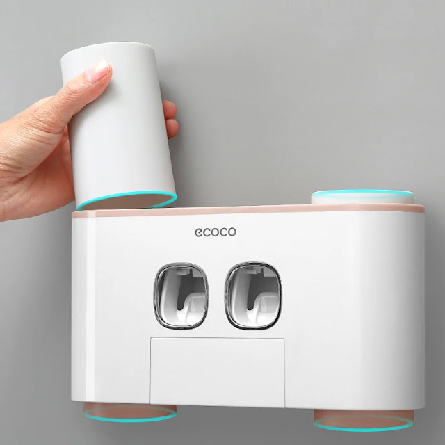 Bộ Kệ Nhả Kem Đánh Răng Tự Động Thông Minh ECOCO 4 Cốc Dính Tường 17 ke dung ban chai da nang tien dung cho nha tam 4