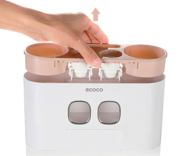 Bộ Kệ Nhả Kem Đánh Răng Tự Động Thông Minh ECOCO 4 Cốc Dính Tường 19 ke dung ban chai da nang tien dung cho nha tam 7
