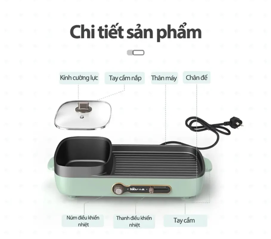 Bếp Nướng Và Lẩu Đa Năng Bear DKL-C15G1 2 Ngăn 3 Lít 15 Chi tiết cấu tạo của bếp nướng lẩu đa năng Bear