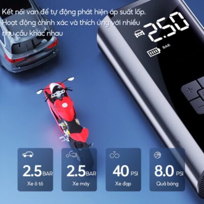 Máy Bơm Lốp Ô Tô, Xe Máy Đa Năng - Tự Động Ngắt Khi Đủ Áp Suất 1 bơm lốp ô tô, xe máy đa năng